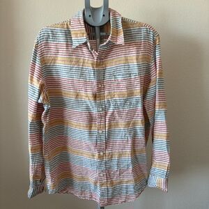 L.L.Bean Mens Shirt LG 100% Linen Striped Multicolor Long Sleeve Slightly Fitted